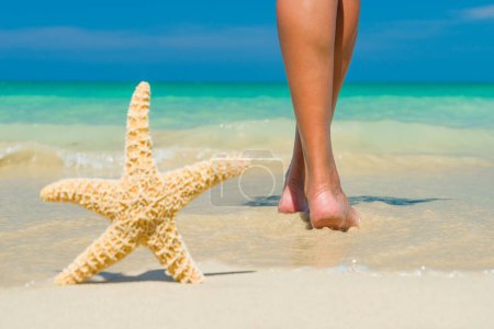 Photo for "feet on the wet sand with a starfish." - Royalty Free Image