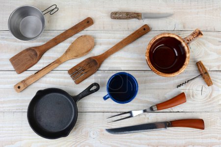 Photo for Flat lay composition with kitchen utensils on grey background - Royalty Free Image