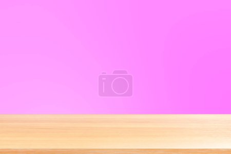 Téléchargez les photos : Empty wood table floors on gradient pink soft background, wood table board empty front colorful gradient, wooden plank blank on pink gradient for display products or banner advertising - en image libre de droit