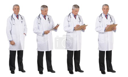 Foto de Médico en abrigo de laboratorio de cuerpo entero cuatro posturas diferentes - Imagen libre de derechos
