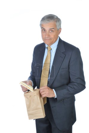 Téléchargez les photos : Homme d'affaires avec Sandwich isolé sur fond blanc - en image libre de droit