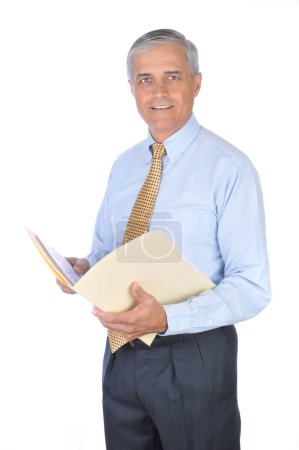 Foto de Hombre de negocios de mediana edad con carpeta de archivos en fondo blanco - Imagen libre de derechos