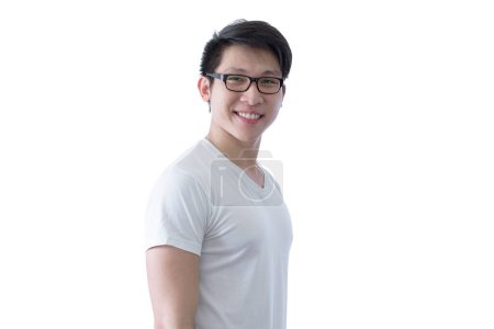 Photo for "Asian handsome man with white shirt and orange eyeglasses has si" - Royalty Free Image