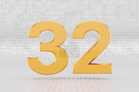 Photo for Yellow 3d number 32. Glossy yellow metallic number on metal floor background. 3d rendered font character. - Royalty Free Image