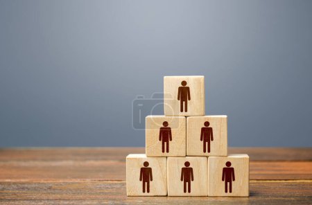 Photo for Blocks pyramid with people. Joint efforts to achieve goal. Teamwork, cooperation and collaboration. Team building, company hierarchical power vertical system. Strength in unity. Joining around idea - Royalty Free Image