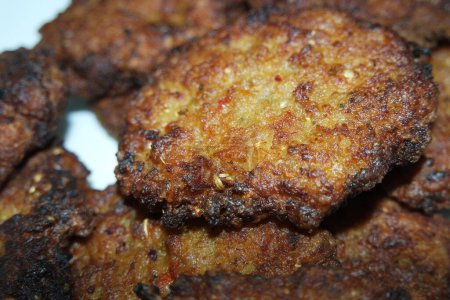 Téléchargez les photos : Délicieux kebab rond frit épicé servi dans une assiette en céramique blanche - en image libre de droit