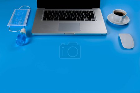 Photo for Work from home concept. Laptop, black coffee. mouse, medical - Royalty Free Image