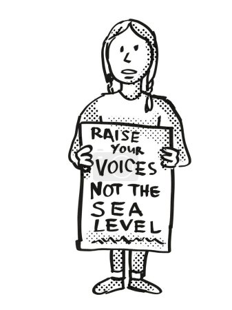 Photo for Young Student Protesting Raise Your Voices Not the Sea Level on Climate Change Drawing - Royalty Free Image
