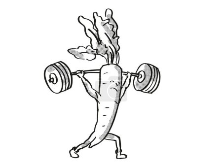Téléchargez les photos : Radis santé légumes levage Barbell dessin animé rétro - en image libre de droit
