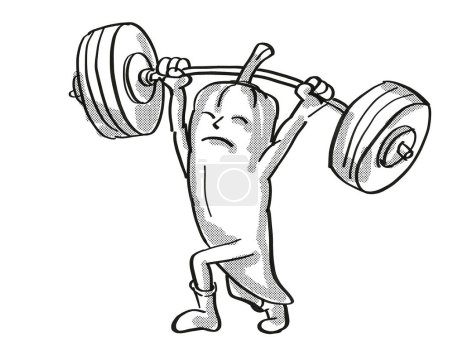 Photo for Red Chili Pepper Healthy Vegetable Lifting Barbell Cartoon Retro Drawing - Royalty Free Image