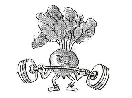 Téléchargez les photos : Radis rouge sain légumes levage Barbell dessin animé rétro - en image libre de droit