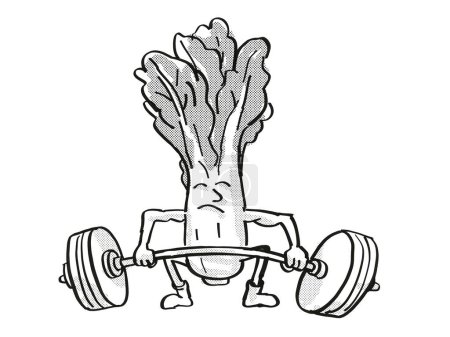 Photo for Bok choy or pak choi Healthy Vegetable Lifting Barbell Cartoon Retro Drawing - Royalty Free Image
