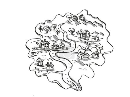 Foto de Isla con río y casas Vintage Fantasy Map Dibujo retro de dibujos animados - Imagen libre de derechos