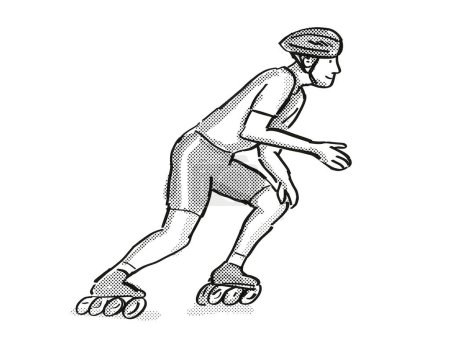 Téléchargez les photos : Patineur athlète patinage de vitesse en ligne dessin animé rétro - en image libre de droit