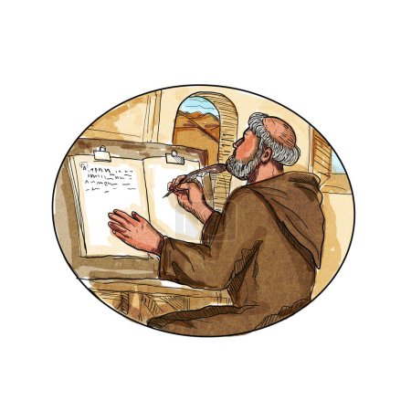 Téléchargez les photos : Moine médiéval dans le monastère écriture livre Dessin, illustration colorée - en image libre de droit