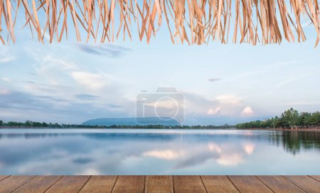 Photo for Empty wood table top with blurred background of blue sea and sky - Royalty Free Image