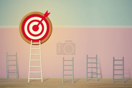 Photo for Goals concept: Longest white ladder and aiming high to goal target among other short ladders, depicts excellent performance and stands out from the crowd and thinks differently. - Royalty Free Image
