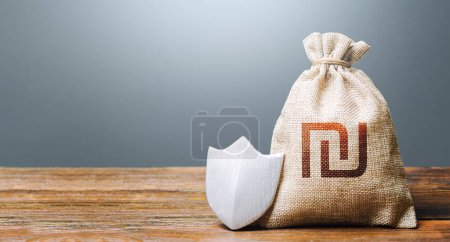 Photo for Israeli shekel money bag and protection shield. Ease doing business. Guaranteed deposits insurance compensation. Resistance to economic shock. Financial system stability. Recovery after crisis. - Royalty Free Image