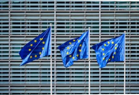 Téléchargez les photos : Drapeaux de l'UE devant la Commission européenne - en image libre de droit