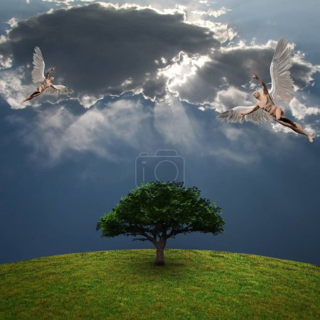 Téléchargez les photos : Anges au-dessus de l'arbre vert, illustration conceptuelle créative - en image libre de droit