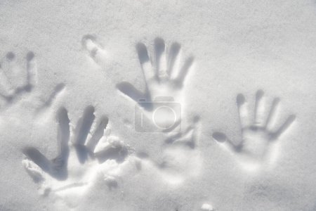 Téléchargez les photos : Empreintes de mains sur neige blanche en hiver - en image libre de droit