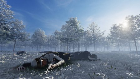 Foto de Soldados muertos tirados en charcos de sangre esparcidos por la nieve, ilustración - Imagen libre de derechos