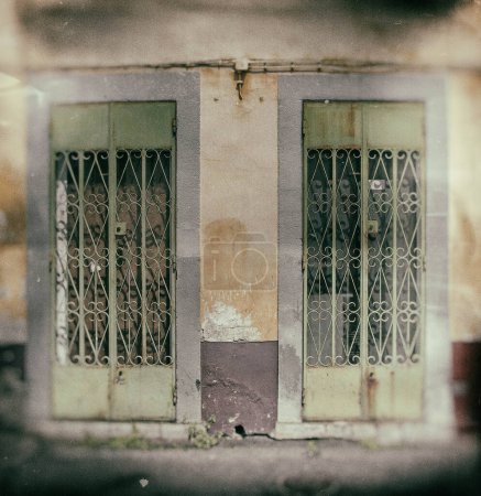 Foto de Oxidación de puertas metálicas verdes con trabajos de celosía ornamentados en la parte delantera - Imagen libre de derechos