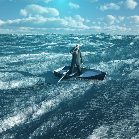 Téléchargez les photos : L'homme dérive dans l'océan binaire, illustration abstraite conceptuelle - en image libre de droit