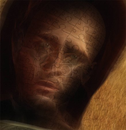 Téléchargez les photos : Éblouissements de l'homme avec un visage dans une pièce sombre - en image libre de droit