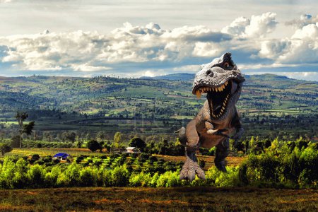 Photo for "Dinosaurs model on farm mountain background" - Royalty Free Image