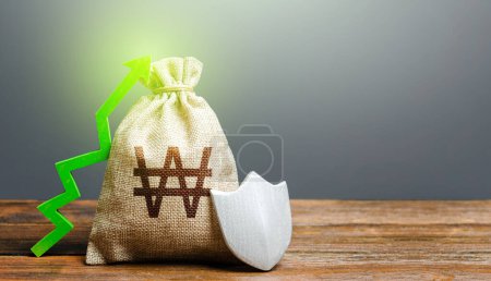 Photo for "South korean won money bag with a shield and a green arrow up. Safety security of investments, financial system stability. Increasing the maximum amount of guaranteed deposits insurance compensation." - Royalty Free Image