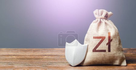Photo for Polish zloty money bag and protection shield. Ease doing business. Recovery after crisis. Guaranteed deposits insurance compensation. Resistance to economic shock. Financial system stability. - Royalty Free Image