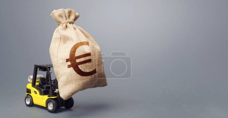 A forklift carrying a huge euro money bag. EU anti-crisis budget. Borrowing on capital market. Stimulating economy. Subsidies soft loans. Strongest financial assistance, business support. Investments