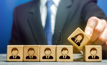 Photo for The leader integrates the female employee into the male staff team. Gender imbalance, creation gender balance in the company to improve work efficiency. Gender equality. Unified career potential. - Royalty Free Image