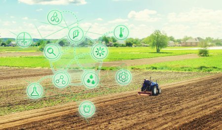 Photo for Futuristic innovative technology pictogram and a farmer on a tractor. Science of agronomy. Farming and agriculture startups. Improving efficiency. Technology Improvement in quality and yield growth - Royalty Free Image