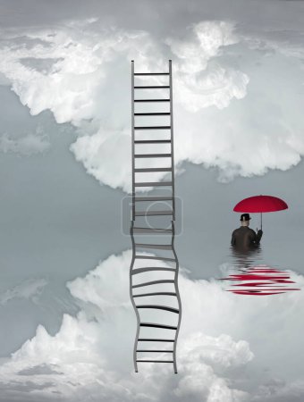 Photo for Man in flood with ladder above, abstract conceptual illustration - Royalty Free Image