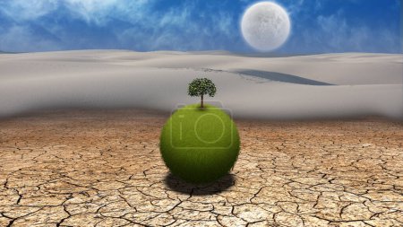 Téléchargez les photos : Globe herbeux avec arbre dans le désert, illustration conceptuelle abstraite - en image libre de droit