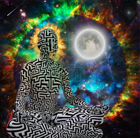 Téléchargez les photos : Cosmos abstrait et surréaliste, illustration de la méditation humaine dans l'espace - en image libre de droit