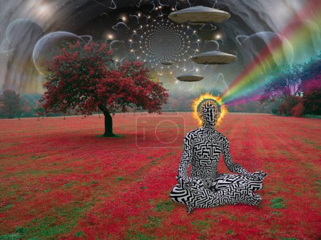 Foto de Surrealista, abstracto 3d arte de representación. místico humano meditando en la naturaleza - Imagen libre de derechos