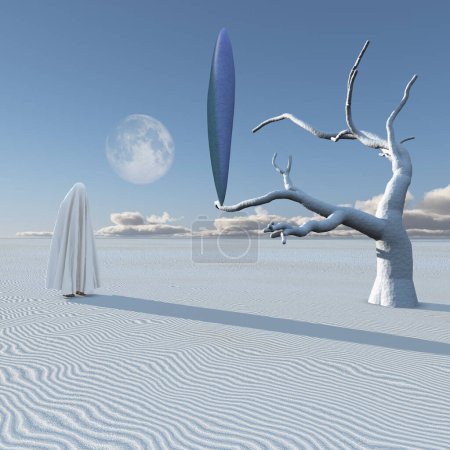 Photo for UFO in surreal desert, abstract conceptual illustration - Royalty Free Image