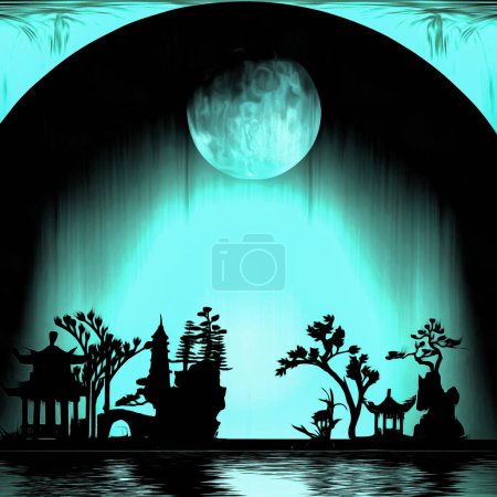 Téléchargez les photos : Silhouettes de nuit Asie, illustration colorée - en image libre de droit