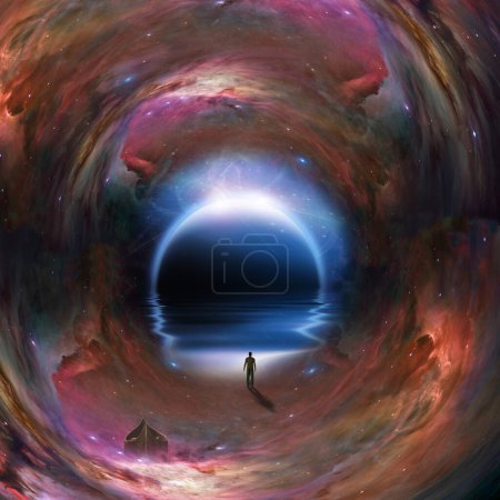 Téléchargez les photos : Homme avec bateau dans le tunnel spatial, illustration conceptuelle abstraite - en image libre de droit
