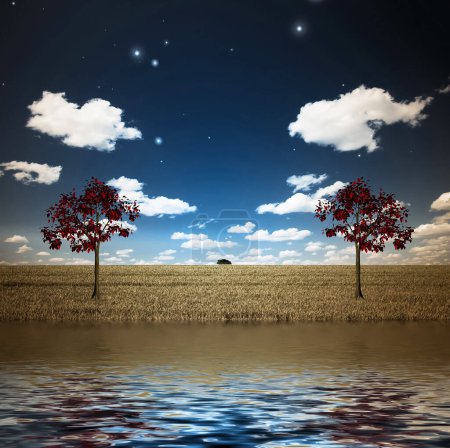 Téléchargez les photos : Lac et arbres, illustration 3D - en image libre de droit
