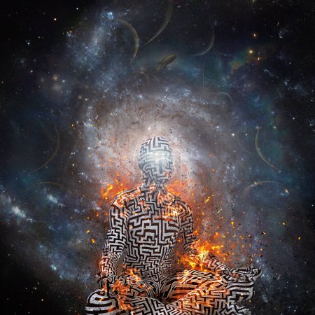Téléchargez les photos : Cosmos abstrait et surréaliste, illustration de la méditation humaine dans l'espace - en image libre de droit