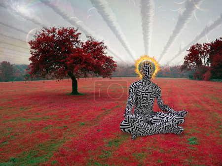 Photo for Surreal, abstract 3d rendering art. mystical human meditating in nature - Royalty Free Image