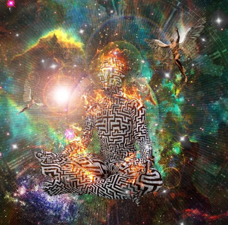 Photo for Abstract  and surreal cosmos, illustration of human meditating in space - Royalty Free Image