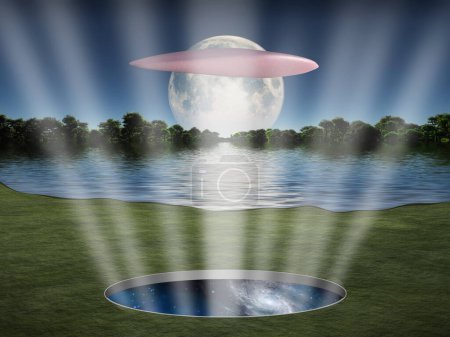Photo for UFO hovers over space portal, conceptual abstract illustration - Royalty Free Image