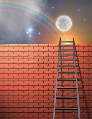 Foto de Escalera apoyada en la pared con el cielo - Imagen libre de derechos