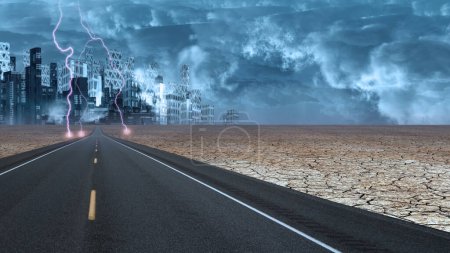 Téléchargez les photos : Ciel orageux sur la ville futuriste, illustration abstraite conceptuelle - en image libre de droit