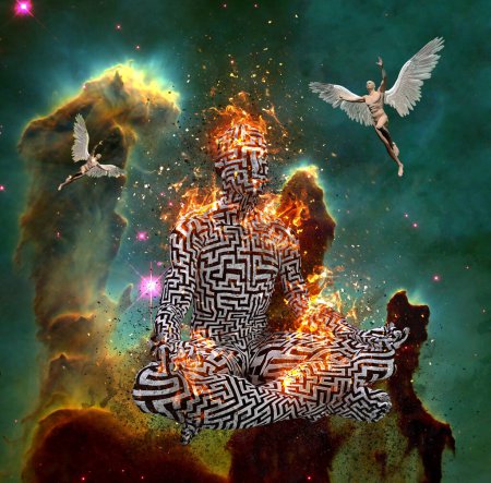 Foto de Cosmos abstractos y surrealistas, ilustración de la meditación humana en el espacio - Imagen libre de derechos